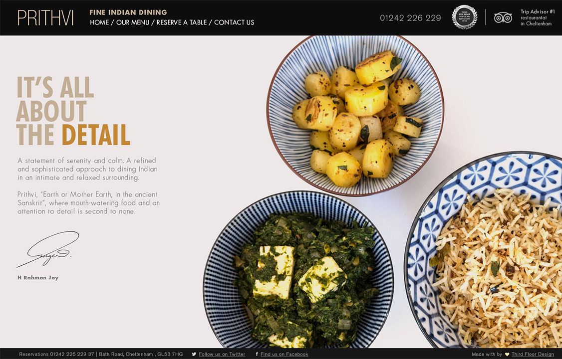 Website for a fine dining restaurant in Cheltenham, Home Page
